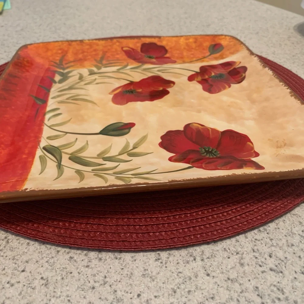 Retired Red Floral Decorative Serving Platter from Pier One